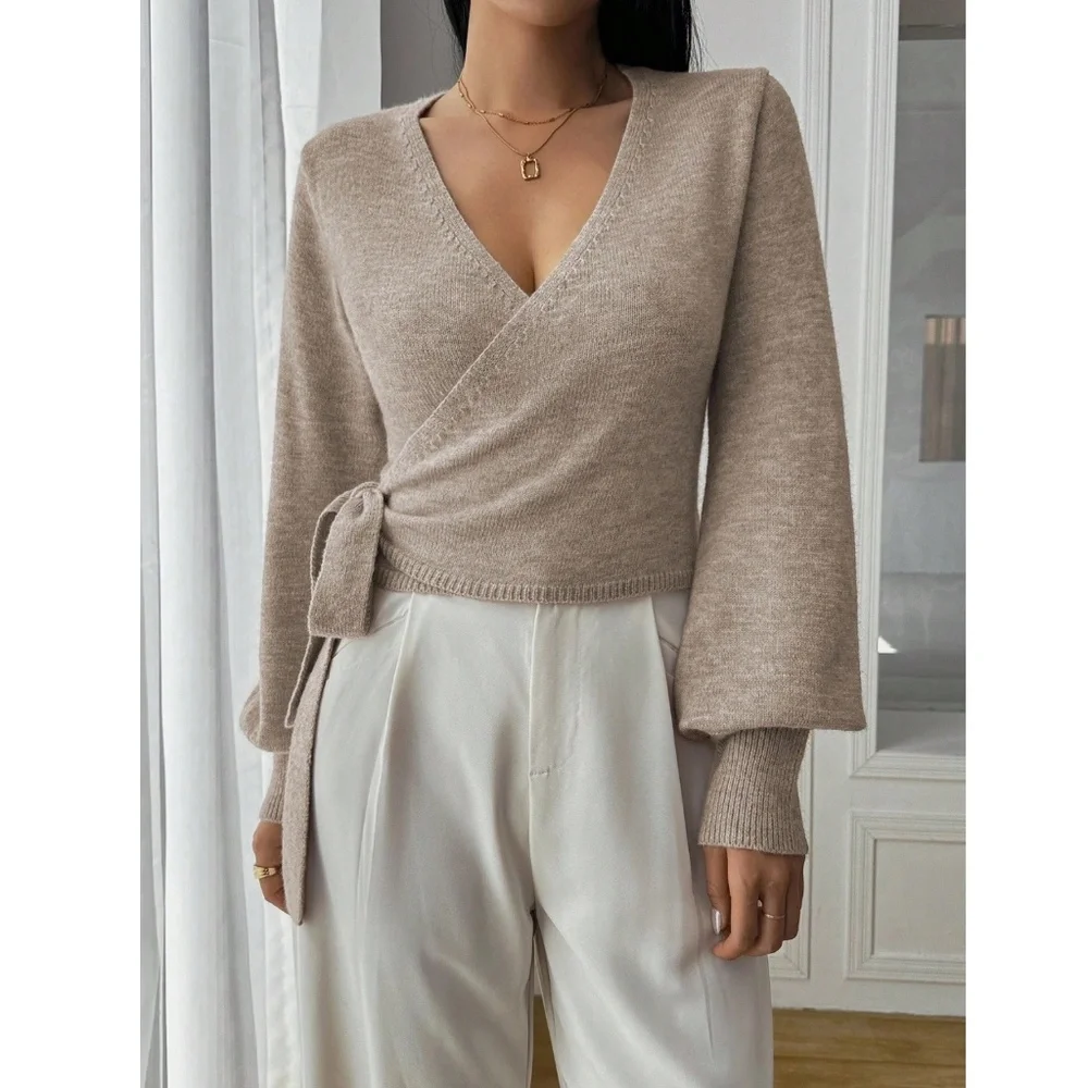 Khaki Wrap Knit Cardigan Long Sleeve Side Tie - Picture 6 of 8